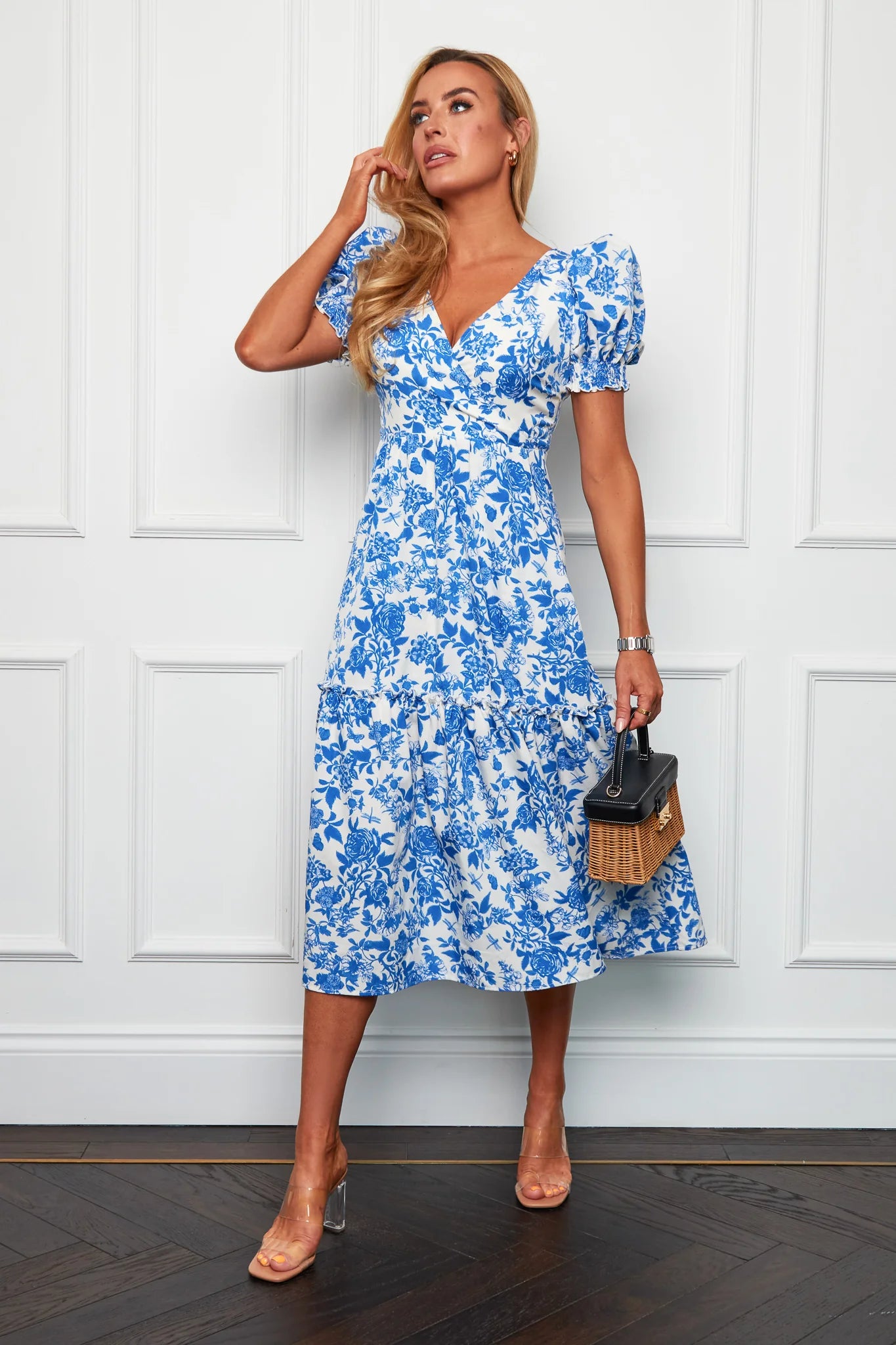 Comfortable Looks Girl in Mind Maya Wrap Tierred Midi Dress in Blue Floral