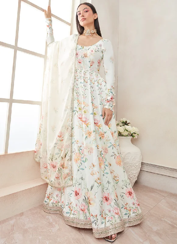 Comfortable Fashion Looks Off White Multicolor Floral Printed Anarkali