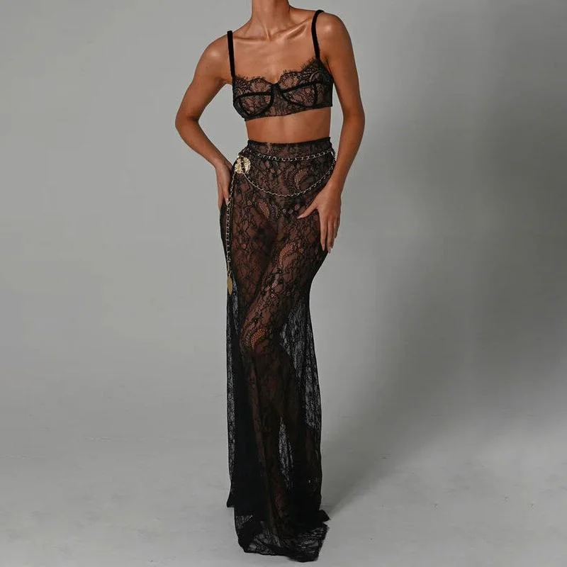 Layered Style Elegant Lace Two-Piece Skirt Set - Sheath Crop Top with Maxi Skirt for Parties and Beach