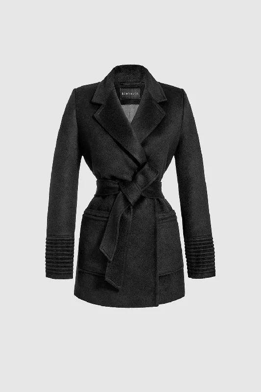 Light Fit Baby Alpaca Cropped Notched Collar Wrap Coat with Square Pockets