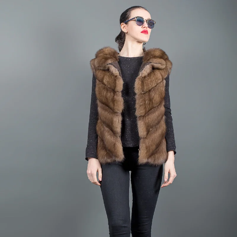 Comfortable Fashion Looks Russian Sable fur Vest with hood and zip
