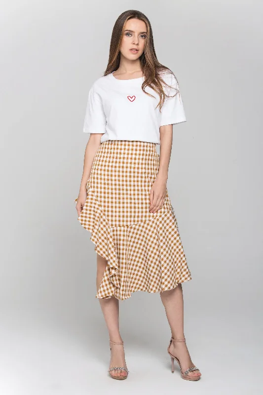 Light Comfort Peach Gingham Ruffle Hem Midi Skirt