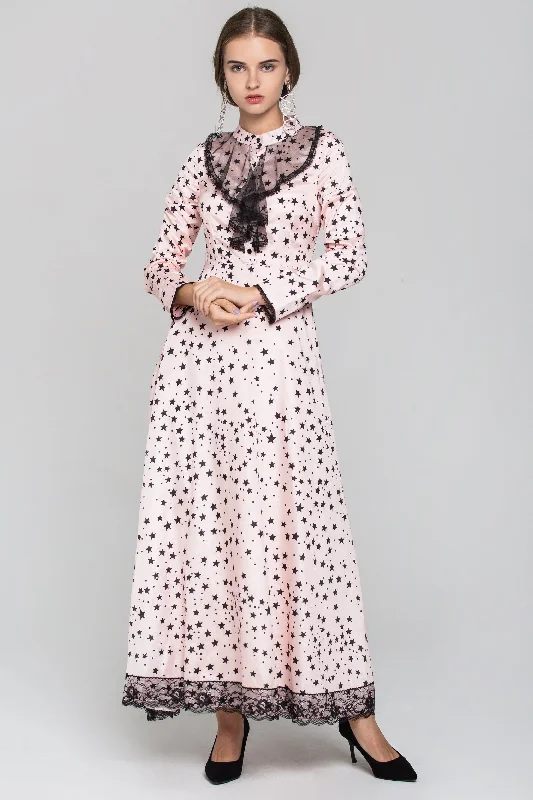 Comfortable Dresses Peach Silk and Black Star Sleeved Midi Dress