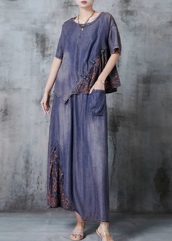 Relaxed Dresses DIY Blue Asymmetrical Patchwork Chinese Button Denim Two Piece Suit Set Summer