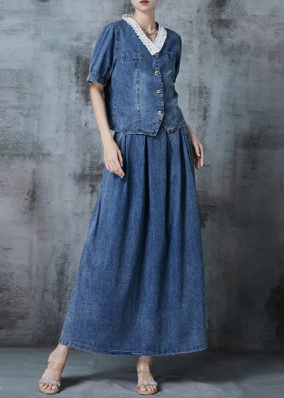 Lounge Chic Women Blue V Neck Patchwork Denim Two Pieces Set Spring