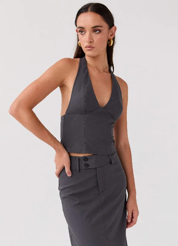 Relaxed Tops On Call Halterneck Top - Charcoal