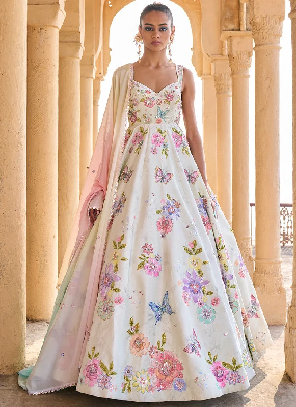 Layered Style Light Green Embellished Velvet Anarkali