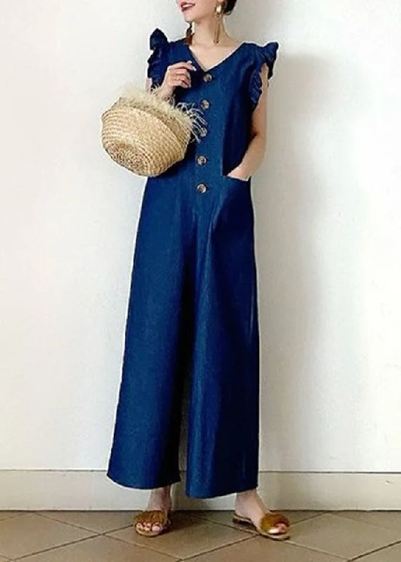 Easy Style Stylish Denim Blue V Neck Cotton Jumpsuit Wide Leg Pants Butterfly Sleeve
