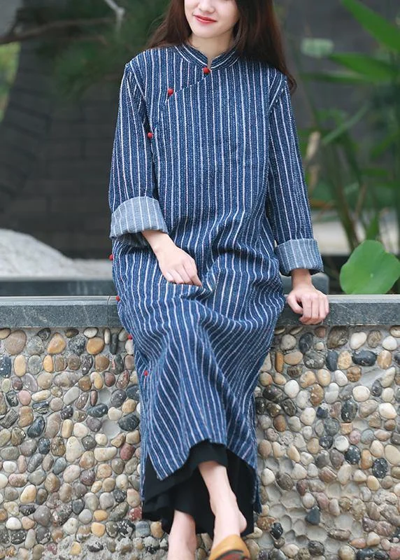 Effortless Wear Simple stand collar side open tunic Tutorials denim blue striped A Line Dress Effortless Wear Simple stand collar side open tunic Tutorials denim blue striped A Line Dress