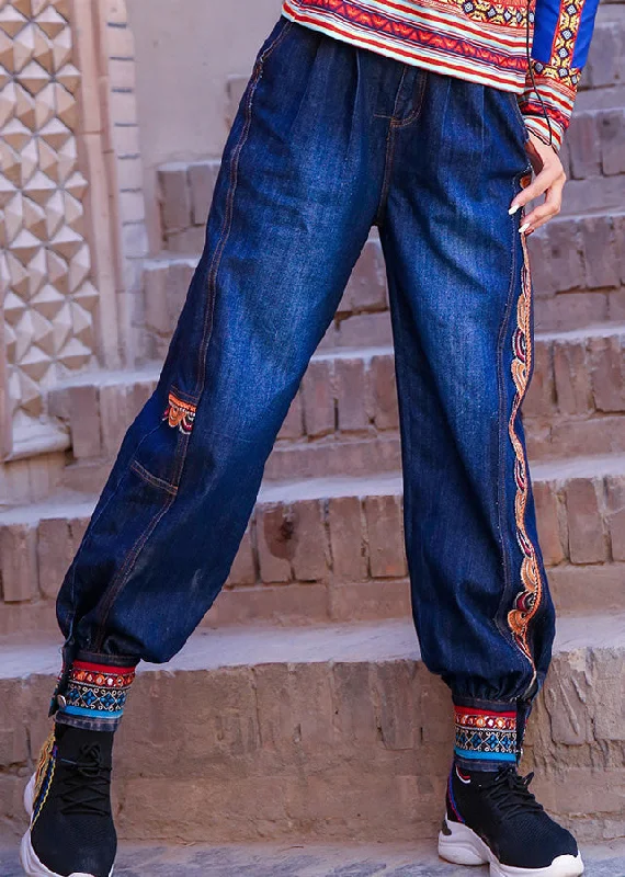 Timeless Style Elegant Blue High Waist Print Cotton Denim Beam Pants Spring