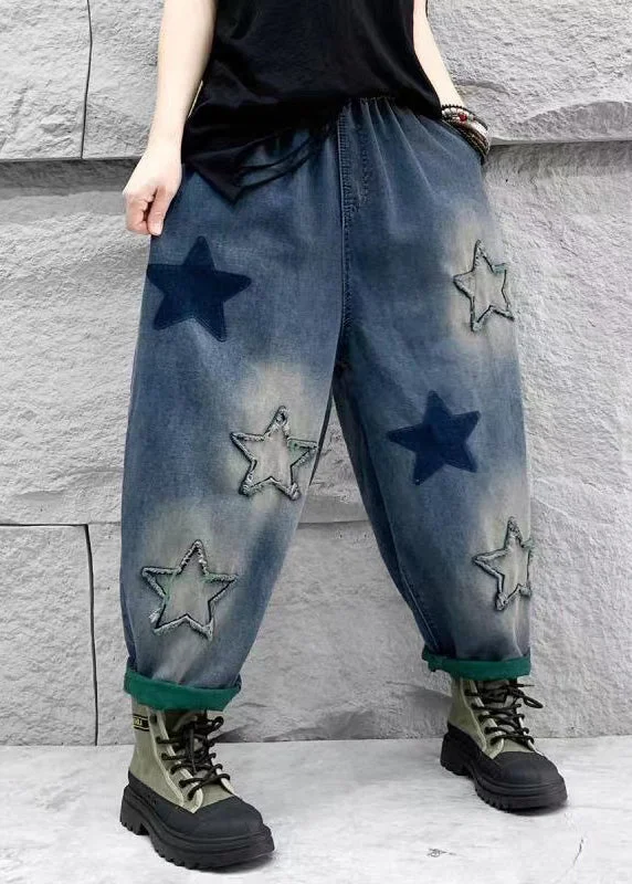 Classic Comfort Casual Blue Five Pointed Star Patch Elastic Waist Denim Harlan Pants Spring