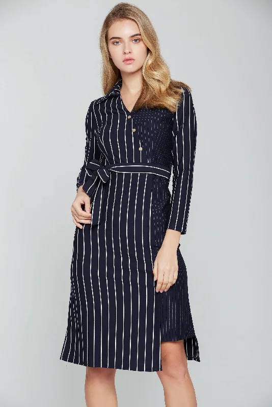 Simple Comfort Navy Blue and White Stripes Full Sleeves Midi Dress