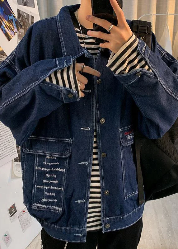 Cozy Dress Boutique Navy Print Button Pockets Denim Mens Coats Spring