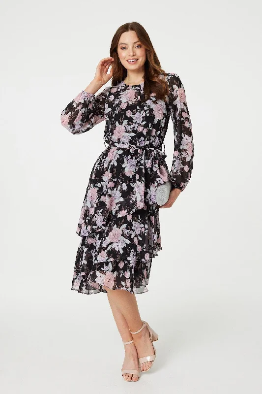 Comfortable Tops Floral Semi Sheer Layered Hem Midi Dress