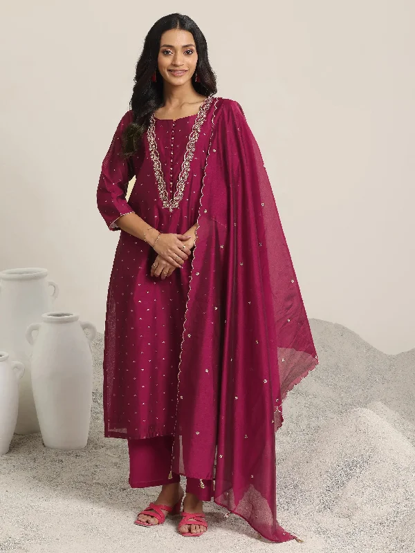 Comfy Chic Maroon Woven Design Chanderi Silk Straight Suit With Dupatta