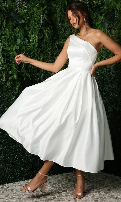 Trendy Dresses Nox Anabel JE931W - Asymmetrical Neckline Tea-Length Dress