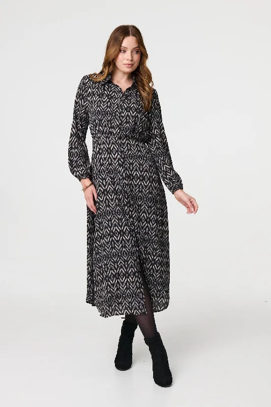 Sporty Wear Chevron Print Long Sleeve Midi Shirt Dress