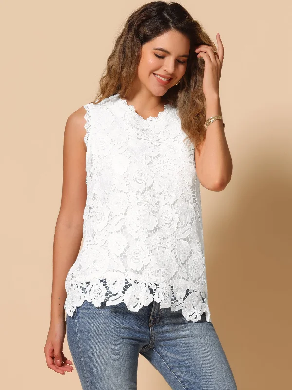 Cozy Fitting Lace Casual Sleeveless Round Neck Tank Tops