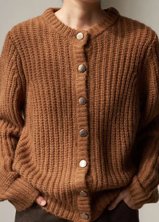 Cozy Lounge Wear Classy Brown Button Woolen Knit Loose Coat Winter