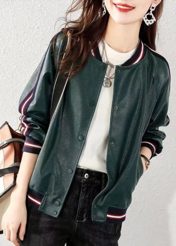 Relaxed Fashion Style Green Faux Leather Coat Outwear Winter