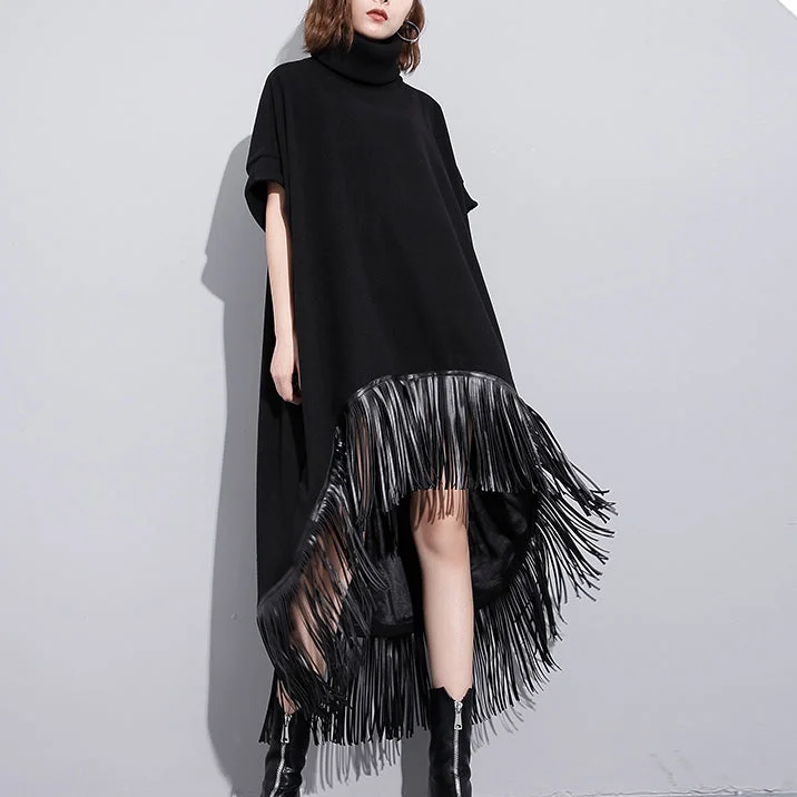 Easy-to-Wear women black wool polyester dresses plus size low high design clothing dress Fine tassel maxi dresses