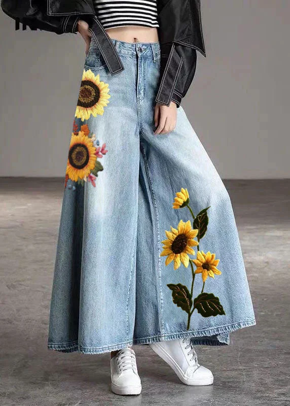 Soft Style DIY Light Blue-sunflower fashion Pockets Casual Wide Leg Fall Denim Pants