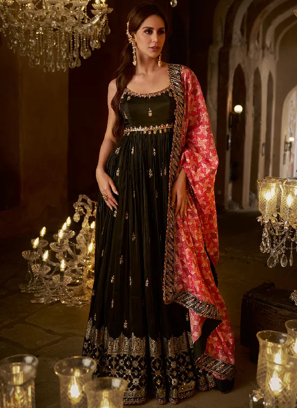 Weekend Comfort Wear Black and Pink Embroidered Anarkali