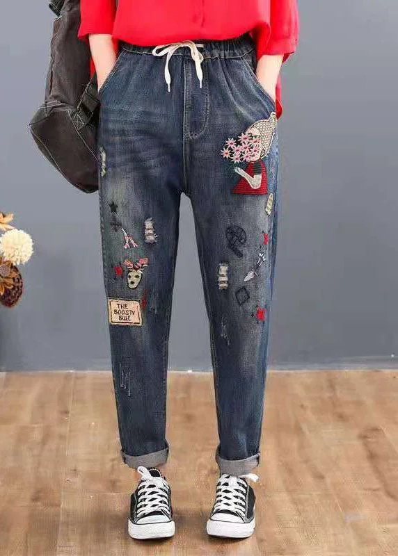 Cozy Outerwear Loose Blue Embroideried Patchwork Elastic Waist Denim Pants Spring