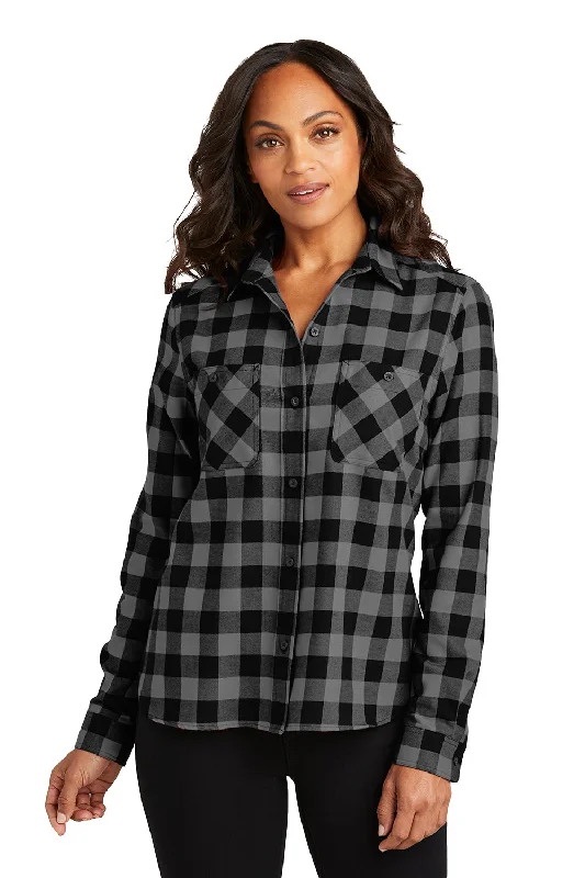 Cozy Outfit Port Authority Womens Plaid Flannel Long Sleeve Button Down Shirt w/ Double Pockets - Grey/Black Buffalo