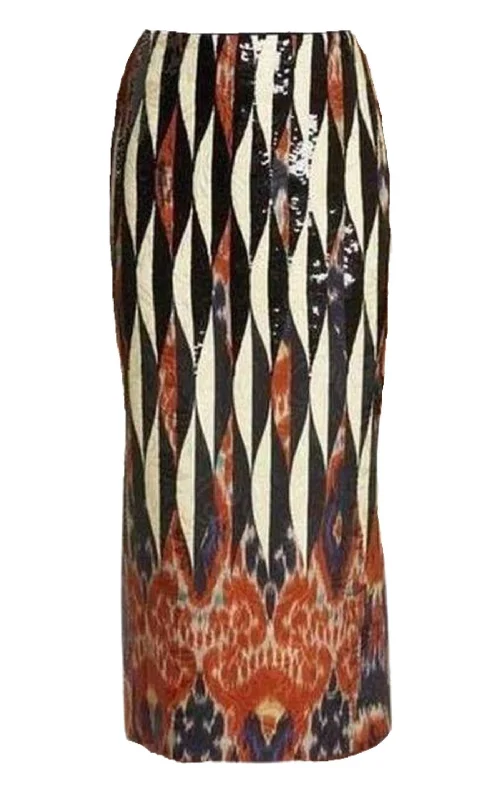 Light Comfort Shine Embroidered Ikat Midi Skirt
