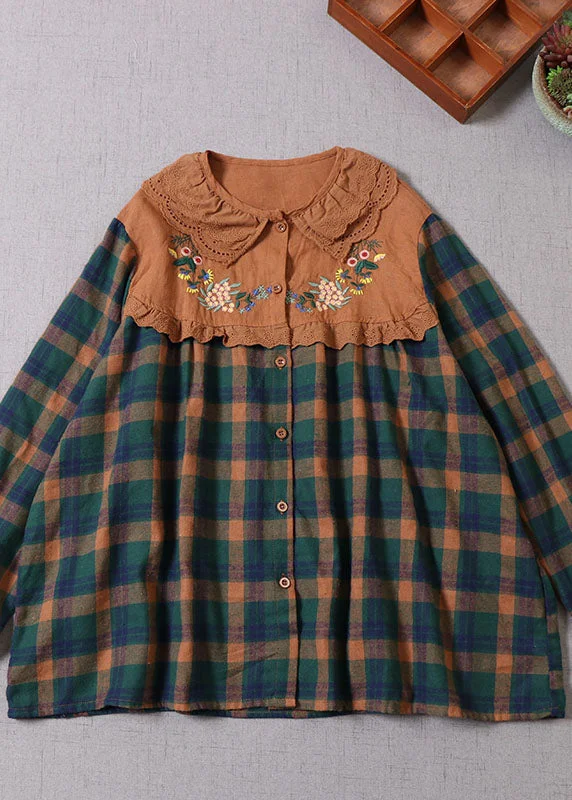 Relaxed Fit Plus Size Green Embroideried Plaid Cotton Shirt Top Spring