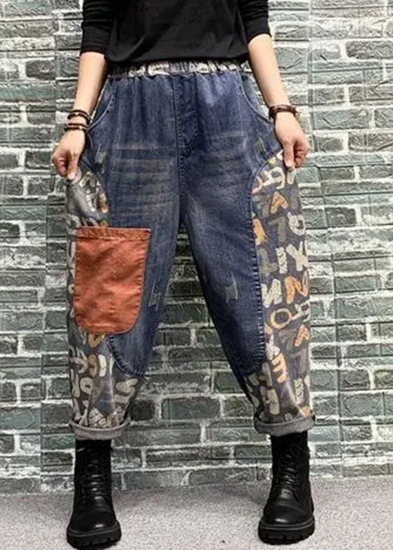 Soft Style Women Blue Pockets Patchwork Print Denim Harem Pants Spring
