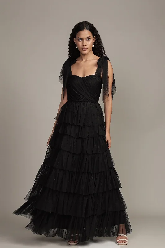Easy Style Ophelia Black Maxi Dress with Tie Detail