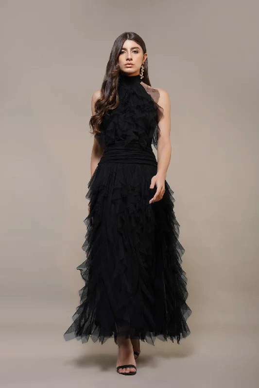 Relaxed Fit Tabitha Maxi Ruffle Dress in Black