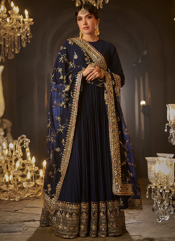 Soft Fabrics Navy Blue Embroidered Anarkali