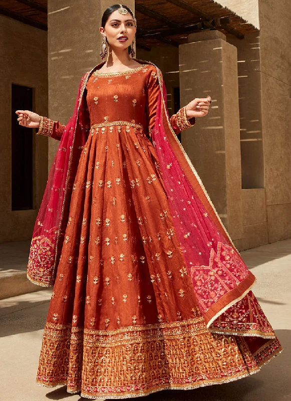 Relaxed Fit Deep Rust and Hot Pink Embroidered Anarkali