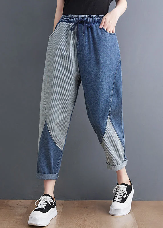 Casual Comfort French Blue Asymmetrical Patchwork Drawstring Elastic Waist Denim Crop Pants Spring Casual Comfort French Blue Asymmetrical Patchwork Drawstring Elastic Waist Denim Crop Pants Spring