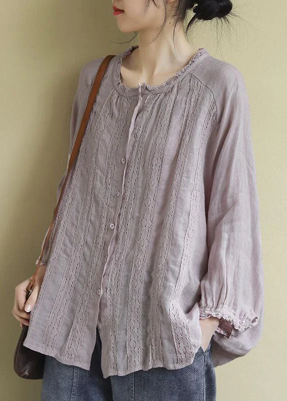 Comfortable Fashion Looks Pink Linen Shirt Tops Ruffled Long Sleeve
