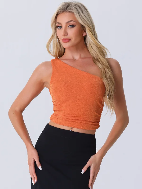Relaxed Chic Sleeveless One Shoulder Ruched Cropped Tank Top