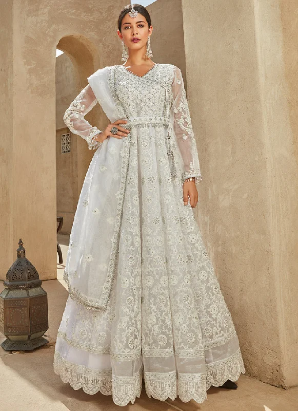 Comfy Chic White Thread Embroidered Organza Anarkali