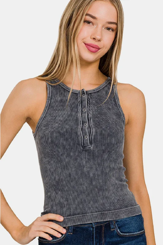 Cozy Chic Wear Zenana Washed Ribbed Half Snap Seamless Tank