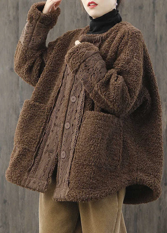Relaxed Tops Women Khaki O-Neck Button Casual Fall Winter Thick Long sleeve Coat