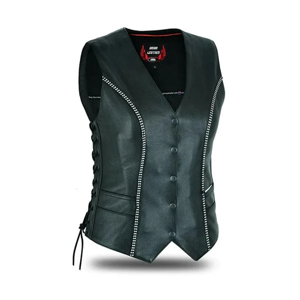 Comfort Fit Women's Black Leather Motorcycle Bling Vest With Rhinestone Detailing