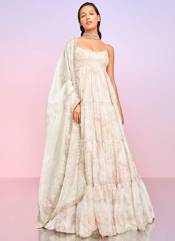 Layered Comfort Beige Floral Embellished Anarkali