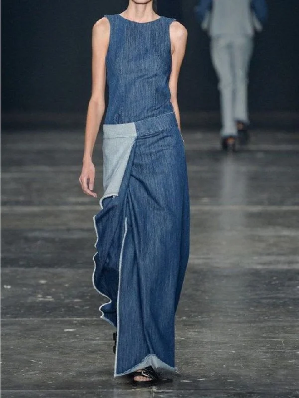 Cozy Lounge Wear Casual Plain Spliced Sleeveless Maxi Denim Dress
