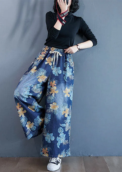 Easy Style Denim Blue Print Cotton Wide Leg Pants Elastic Waist Spring