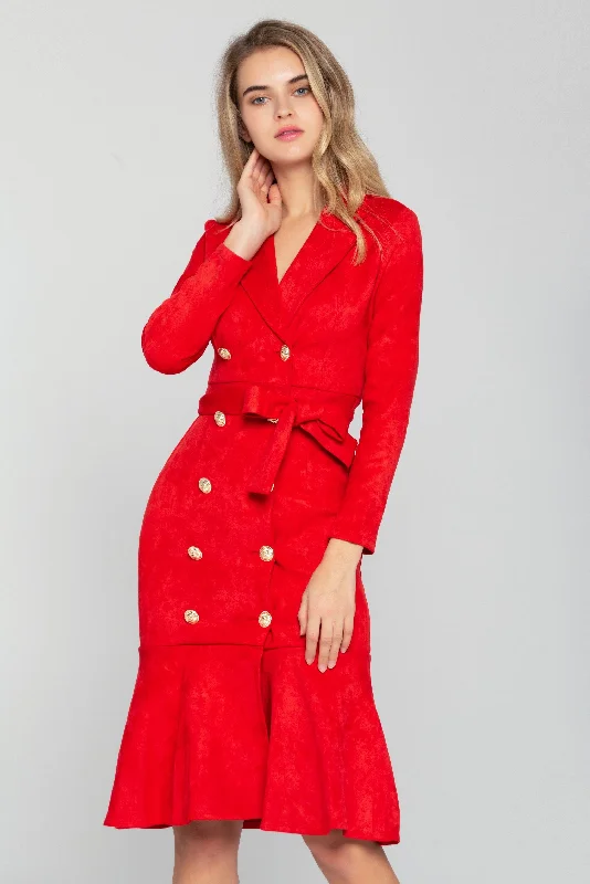 Cozy Lounge Wear Cherry Red Button-up  Full Sleeves Midi Dress