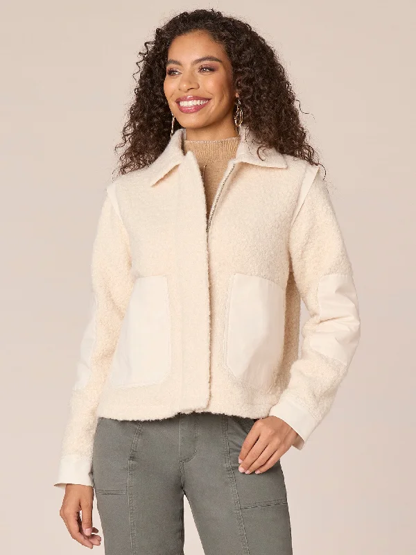 Easygoing Fashion Long Sleeve Flange Shoulder Wide Collar Neck Zip Front Woven Jacket
