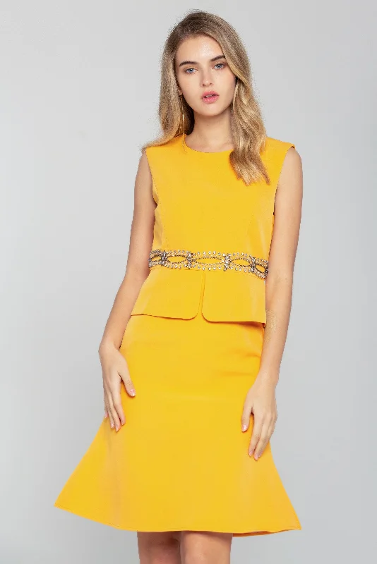 Easy Chic Honey Yellow Gold Encrusted Peplum Midi Dress