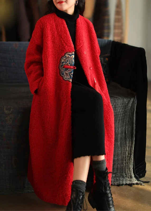 Trendy Dresses 2025 Red Embroideried Patchwork Winter Thick Coats Wool Jackets